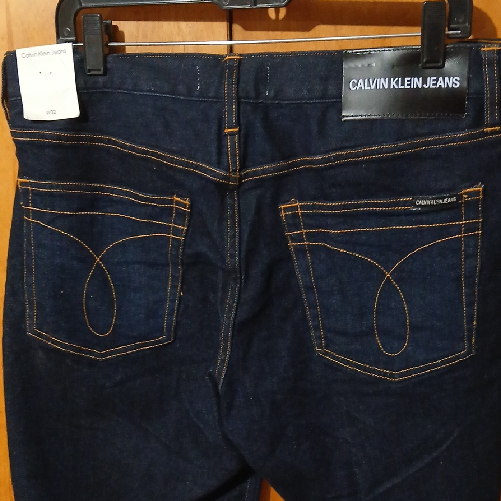Calvin Klein Navy Denim Shorts with Yellow Stitching - Picture 11 of 11